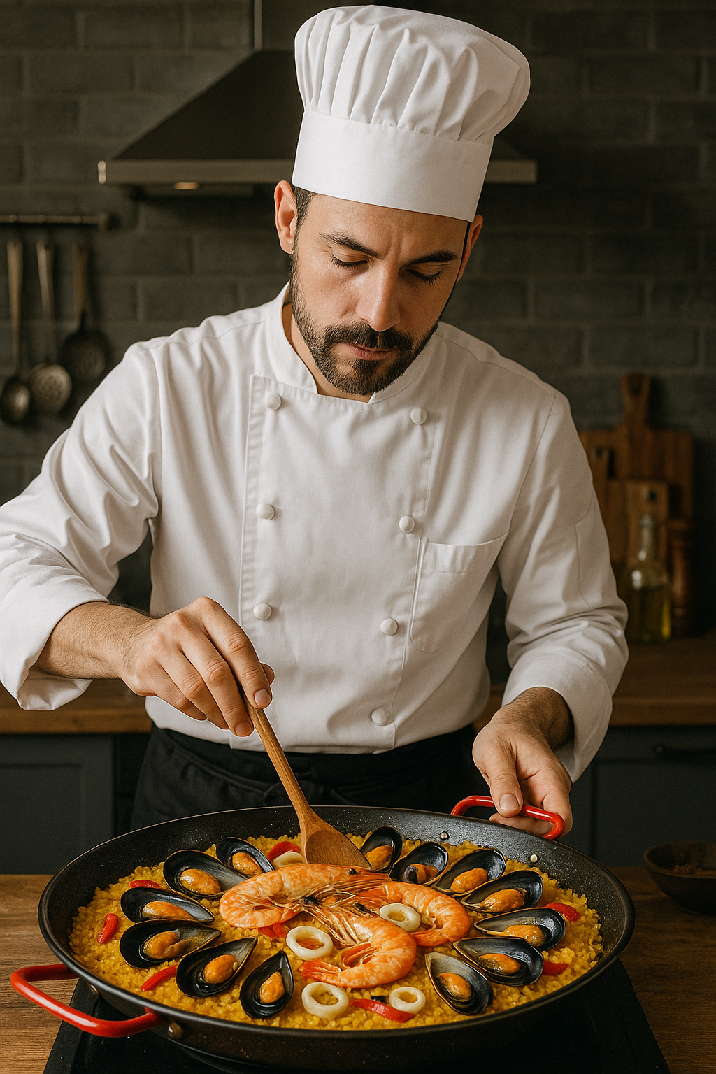 Chef preparing paella